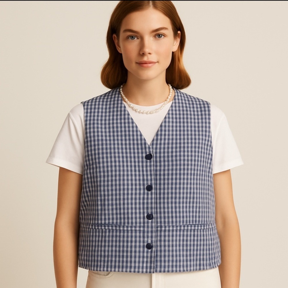Eddie Bauer 100%‎ Linen Vest Coastal Cowgirl Blue Gingham Check Button Up Medium